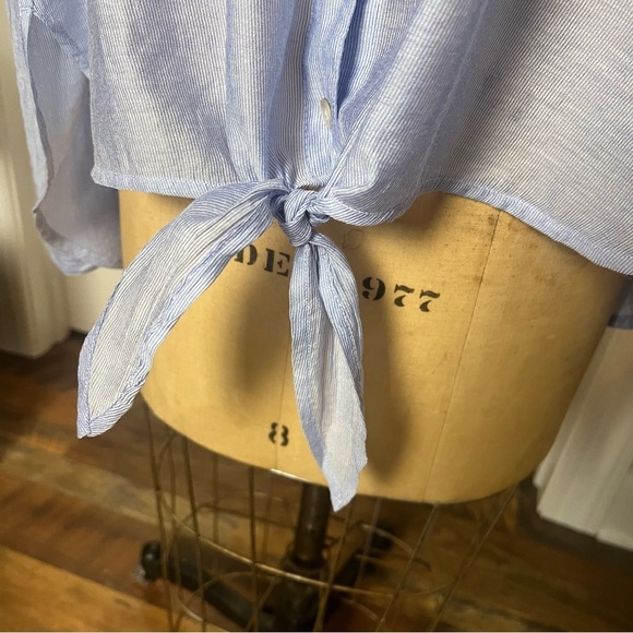 Chico’s light blue with faint  stripes, tie waist sheer button down, Chico’s 2 - Picture 4 of 9
